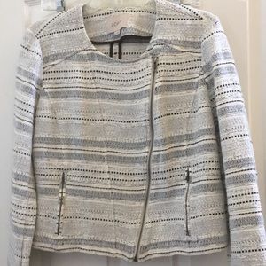 LOFT Cream and Gray Striped Textured Zip Blazer